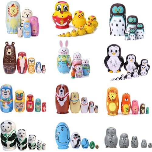 5 Layer/6 Layer/10 Layer Animal Pattern Matryoshka Dolls Rabbit Panda Elephant Lion Nesting Hand Painted Set Russian Doll Toy