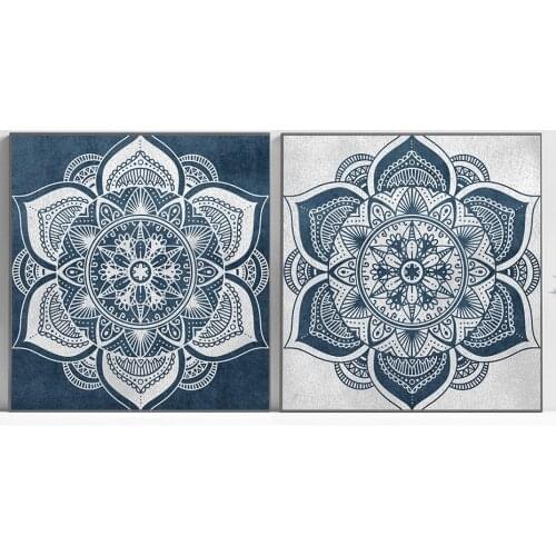 Minimalist Flower Pattern Printed Canvas Painting Blue Grey Mandala Wall Art Decorative Posters Pictures for Bedroom Home Decor