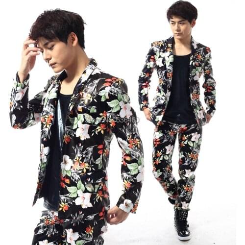 Fashion Quality Male Flower Print Slim Suits wedding dinner suit sets male ds costumes blazers