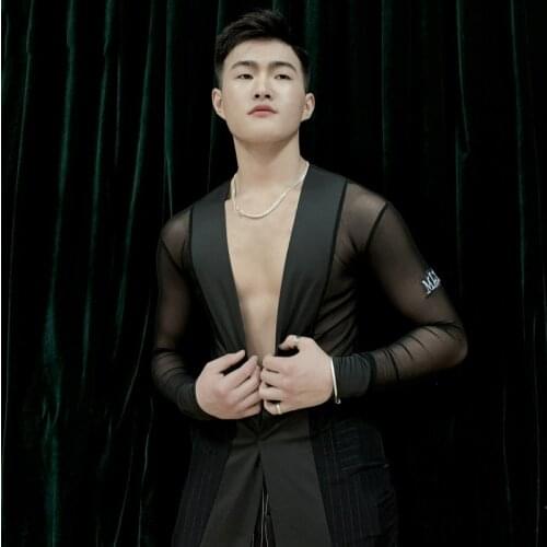 Men Long Sleeve Mesh Latin Dance Shirt Ballroom Dancing Training Clothing Tango Tops Waltz Performance Stage Costume YS1705
