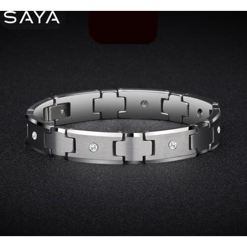 Men Tungsten Bracelet, Carbide Chain Jewelry Inlay CZ Stones 10mm Width 20 cm Length, Free Shipping, Customized