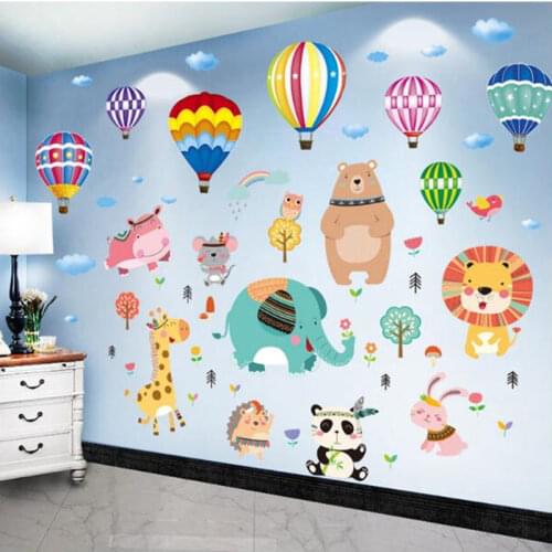 [shijuekongjian] Cartoon Animals Wall Stickers DIY Hot Air Balloons Mural Decals for Kids Rooms Baby Bedroom House Decoration
