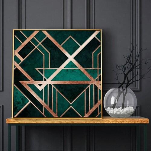 Wall Art Poster Abstract Golden Black Green Geometric Line Square Pictures Print For Corridor Hotel Decor Canvas Painting Mural