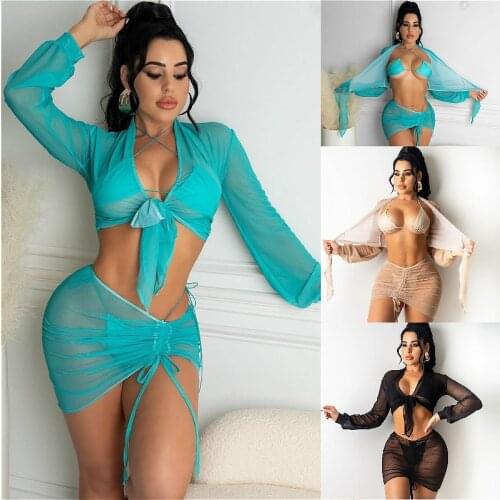2021 New Women Two Piece Set Bikini Cover-ups Mesh Sheer See Through V-neck Cropped Tops + Mini Skirts Club Sexy Beach Skirt Set
