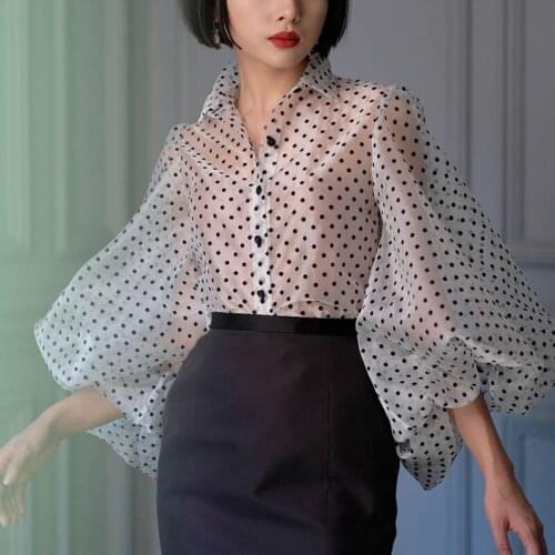 New Polka Dot Blouse Women Fashion Long Sleeve Sheer Mesh Blouse Sexy Lantern Sleeve Tops Vintage Polka Dot Printed Clothes