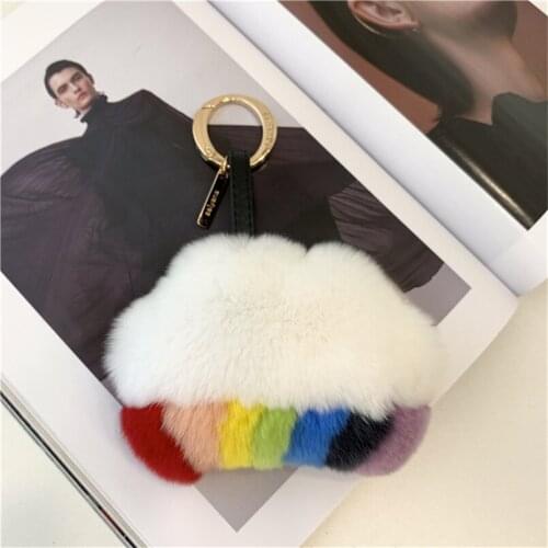 Cloud Keychain Ladies Bag Rainbow Key Ring Pendant Car Key Accessories Childrens Small Gift Real Rex Rabbit Fur Soft
