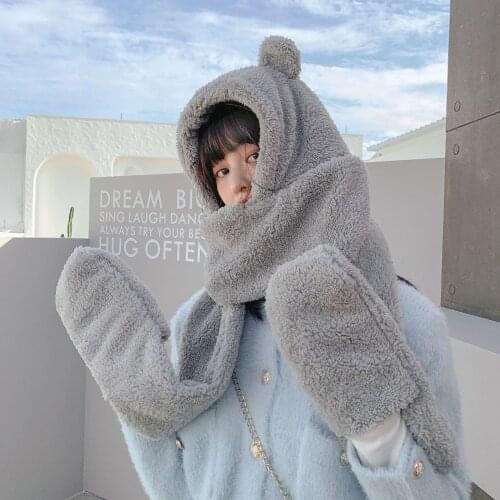 Autumn and winter womens three-piece warm hat thick windproof and warm cute bear hat scarf gloves scarf
