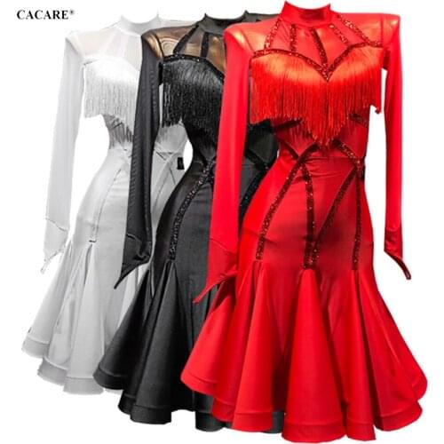 Sexy Latin Dance Dress Women Latina Salsa Latin Dance Competition Dresses Fringe Tango Salsa CHEAP D0021 Mesh Sleeve Big Hem