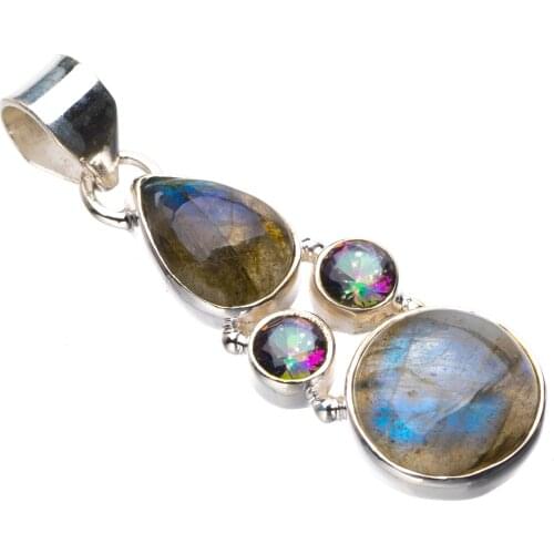 StarGems Natural Blue Fire Labradorite Handmade 925 Sterling Silver Pendant 1.75" D9451