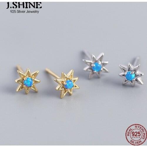 JShine Authentic S925 Sterling Silver Stud Earrings Octagonal Star Blue Round Opal Stone Small Earrings Jewelry Fine Accessories
