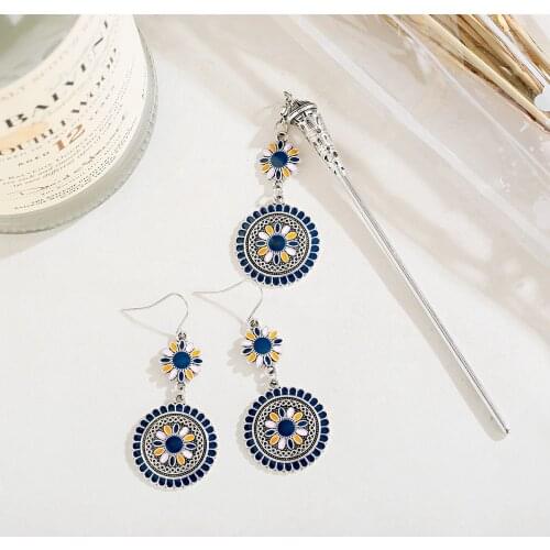 Flower Earrings Hair Sticks Set Boho Vintage Earrings For Women Indian Jewelry Hairpins For Hair Accessories Pendientes Funny