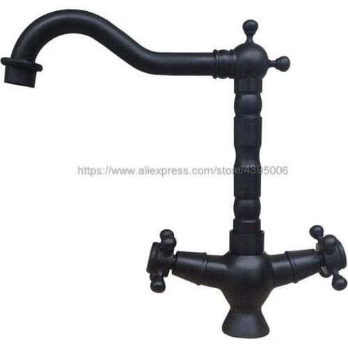 Basin Faucets Black Color Brass Bathroom Sink Faucet 360 Degree Swivel Spout Double Cross Handle Bath kitchen Mixer Taps Bnf318