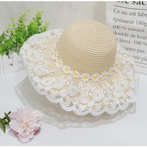 Toddler Kids Girls Boho Straw Hat Sunflowers Print Lace Sunhats Outfits 2-8Y 6 Colors