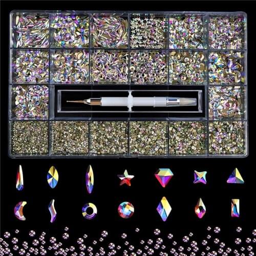 Multi Shapes Glass Crystal AB Rhinestones for Nail Art Craft Mix Sizes Nail Gems, Wax Pen for Rhinestones, Acrylic Beads Storage