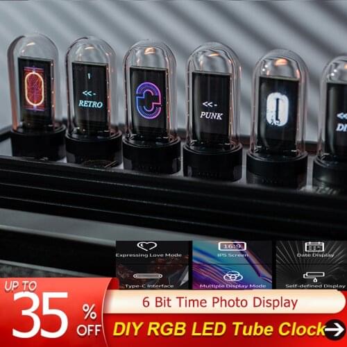 RGB LED Tube Clock Vintage Digital Nixie Clock 6 Bit Time Photo Display Retro Desk Clock IPS Module and Glass Home Decoration