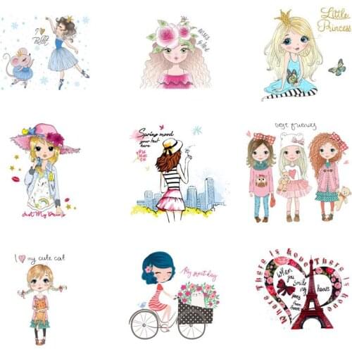 Cartoon Beautiful Girl Heat Vinyl Transfer For Clothing Iron On Flower Transfers For Clothes Applique Stickers DIY For T-shirt