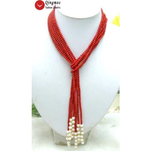 Qingmos 45'' Natural Coral Shawl Long Necklace for Women with 3 Strands 4mm Red Coral & White Pearl Necklace Jewelry Free Ship
