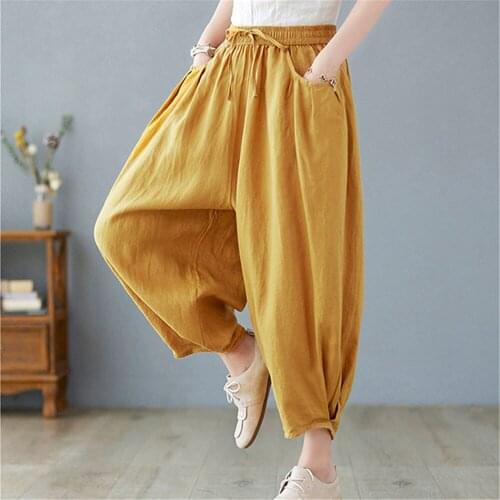 Women Summer Linen Bloomers Cool Harem Pants Wide Leg Trousers Harajuku Cropped Korean Ladies Plus Size Casual Sarouel