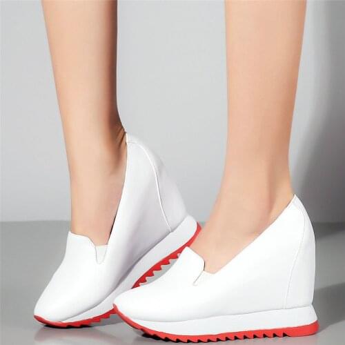 2021 Platform Creepers Women Genuine Leather Wedges High Heel Ankle Boots Female Low Top Round Toe Fashion Sneakers Casual Shoes