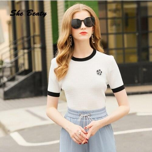 She Beaty Beading Camellia Flower Knitted Sweater Pullovers Women Short Sleeve Summer Clothes Jumper Tops Korean Fashion Gothic