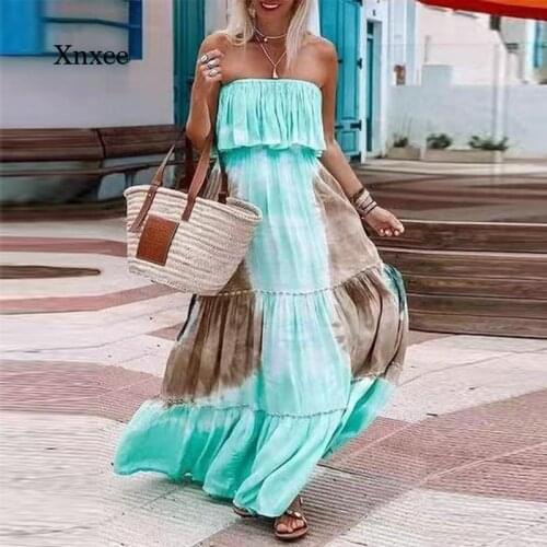 Summer Ladies Sexy Long Dress Strapless Ruffled Elegant Retro Tie-Dye Shoulderless Wide Loose Dress Casual Beach Dress