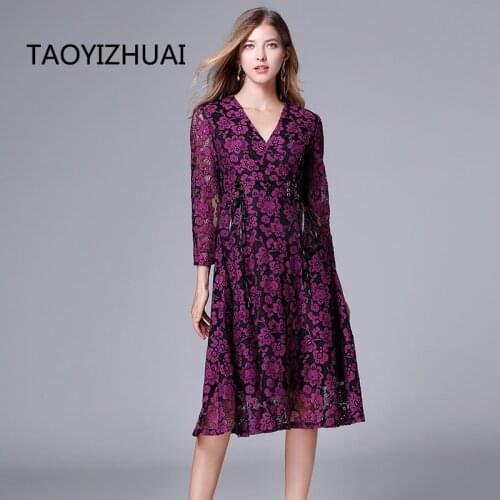TAOYIZHUAI 2019 New Arrival Autumn Vintage Style Eyelet Lace Up Plus Size L Fit and Flare Purple Wrist V-neck Women Dress 14178