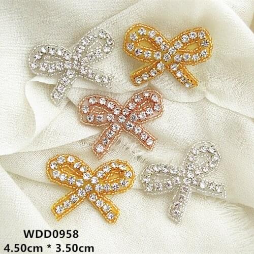 100pcs) Bow shape Rhinestone Applique gold hand beaded iron on for wedding dress WDD0958