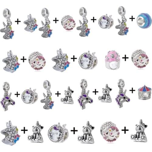 2Pcs/Lot Silver Plated Lovely Cartoon Unicorn Charms Beads Fit Brand Snake Chain Bracelet Necklaces For Women Jewelry Gift