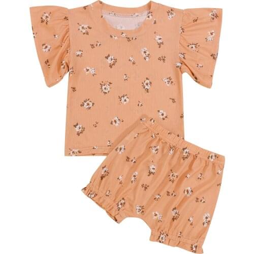 2021 0-3Y Sweet Kids Baby Girl Clothing Set Floral Print Ruffle Short Sleeve T-shirt Top+Shorts Summer Outfits 2pcs