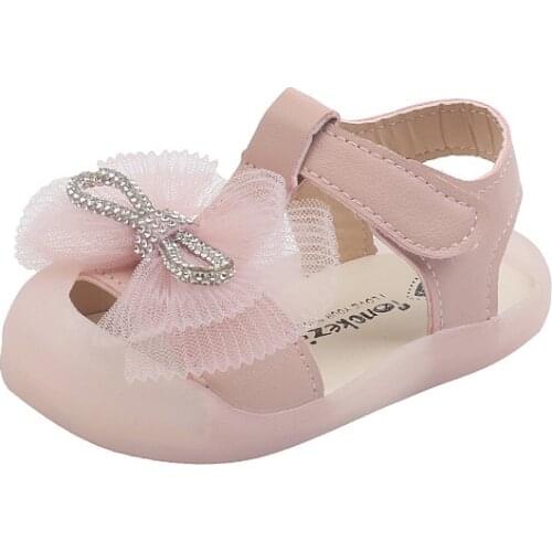 2021 Summer New Bow-knot Sandals Girls Rhinestone Sweet Fashion Princess Shoes Soft Sole Toes-capped Beach Shoes Flats Non-slip