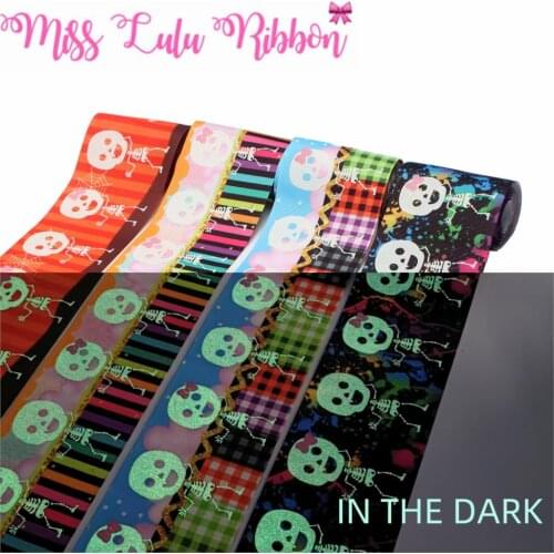 3"75mm White Ink Printing Glow in the Dark Halloween Cartoon Skull Colorful Dots Printed Grosgrain Ribbon DIY Bows 50yards/roll