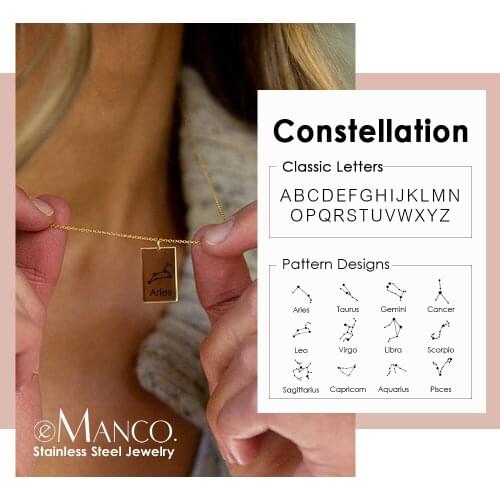 EManco New Fashion Necklace Star Sign Square Pendant Necklace Elegant Cute Gift Constellation Stainless Steel Jewelry For Women