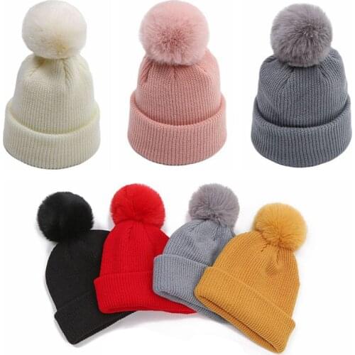 Cute Pompom Baby Hat Beanie Winter Soft Warm Knitted Boy Girl Hats Solid Color Infant Toddler Cap Fur Faux Ball Bonnet Kids Caps