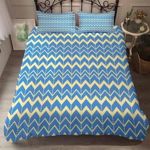 Geometric Wavy Lines Bedding Queen Size Duvet Cover Set 100% Cotton Yellow Blue Super Soft Comfortable Bedding Set CalifKing H85