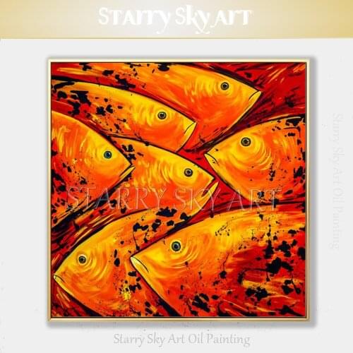 Beautiful Wall Art Picture Modern Abstract Fish School Oil Painting Hand-painted Abstract Fishes Oil Painting for Kitchen Decor