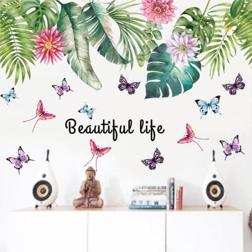 Flower Leaves Butterflies Wall Stickers Bedroom Living Room Background Decoration Mural Home Decor Stickers Art Decals Wallpaper