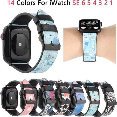 New print Leather Strap For Apple Watch 6 5 3 Band 42/44mm 40/38mm Belt Bracelet for iWatch Bands Series 6 SE 5 4 3 Watchbands