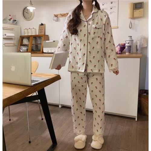 Flowers embroidery pajamas set women home suit long sleeve pyjamas pants sleepwear 2 piece set casual cotton home clothes Y344