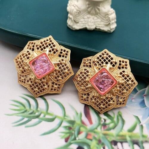 Grid Filigree Clip Earring Vintage Accessories For No Ear Holes Luxury Square Pink Party Wedding Jewelry