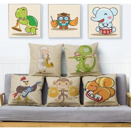 Cute Cartoon Squirrel Monkey Instrument Print Cushion Cover Beige Linen Pillowcase 45*45cm Sofa Home Decor Animal Pillow Case