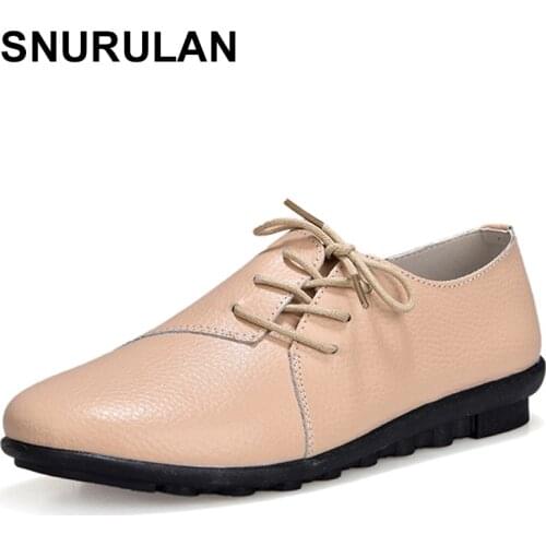 SNURULAN Spring Autumn Woman Oxford Shoes Ballerina Flats Shoes Woman Genuine Leather Shoes Moccasins Lace Up Loafers ShoesE414