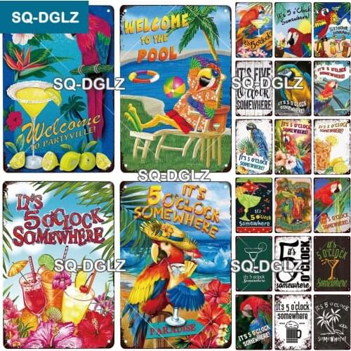 [SQ-DGLZ] Its 5 O'clock Somewhere Cocktail Tin sign Metal Poster Wall Stickers Bar Decoration Retro Metal Plaque Sign Decor