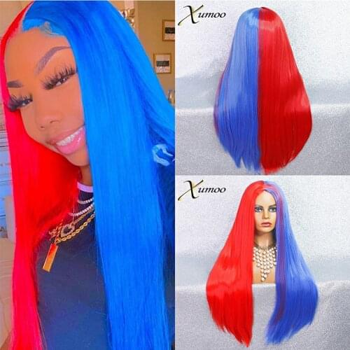 XUMOO Heat Resistant Ombre Synthetic Wig Long Straight Half Red Half Blue Non-Lace Wig Cosplay Drag Queen Wigs For Black Women
