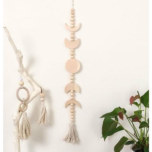 Hanging Window Decorative Wood Beaded Moon Garland With Woven Tassel Wall Art Ornaments Hanging DropWindow Wedding Curtain Decor