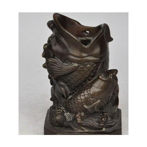 Xd 002068 Chinese Dynasty palace Bronze Fish lucky Statue sculpture Brush Pot pencil vase