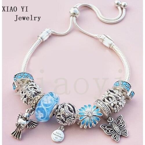 XIAOYI 2020 new 100% s925 Blue flower butterfly Eagle hollow clip buckle high quality temperament pull Bracelet surprise gift