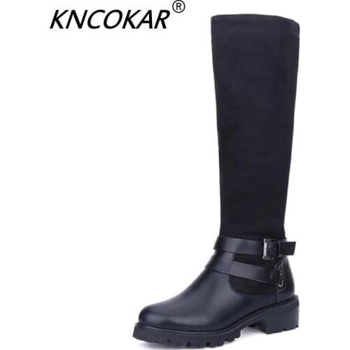 KNCOKAR Winter Shoes Knee High Boots Big Size High Quality Leather Brand Shoes Wool And Plush Women Winter Round head Boots