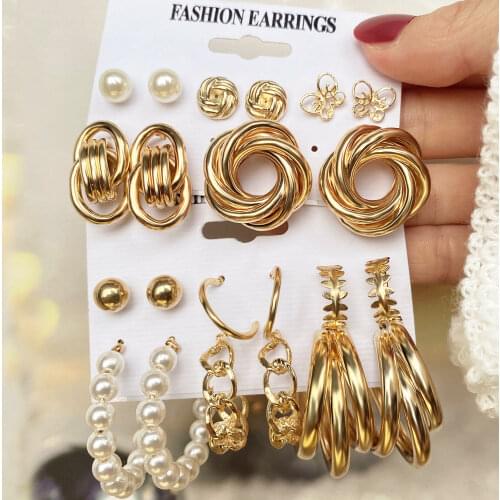 FNIO Vintage Geometric Gold Metal Earrings Set For Women Punk Pearl Dangle Drop Earrings 2021 Trend Set of Earrings Jewelry
