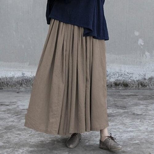 Johnature Women Vintage A-Line Cotton Linen Skirts Elastic Waist 2021 Spring New Women Casual Pleated Skirts