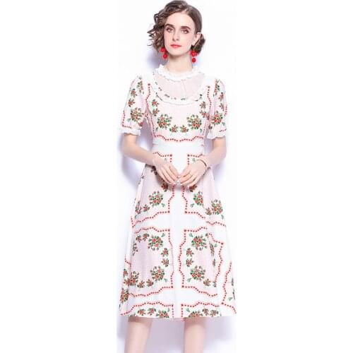 French Chic Palace Style Floral Dress Women Elegant Patchwork Fungus Slim Short Puff Sleeve Fuffled Print Summer Vestidos k2044